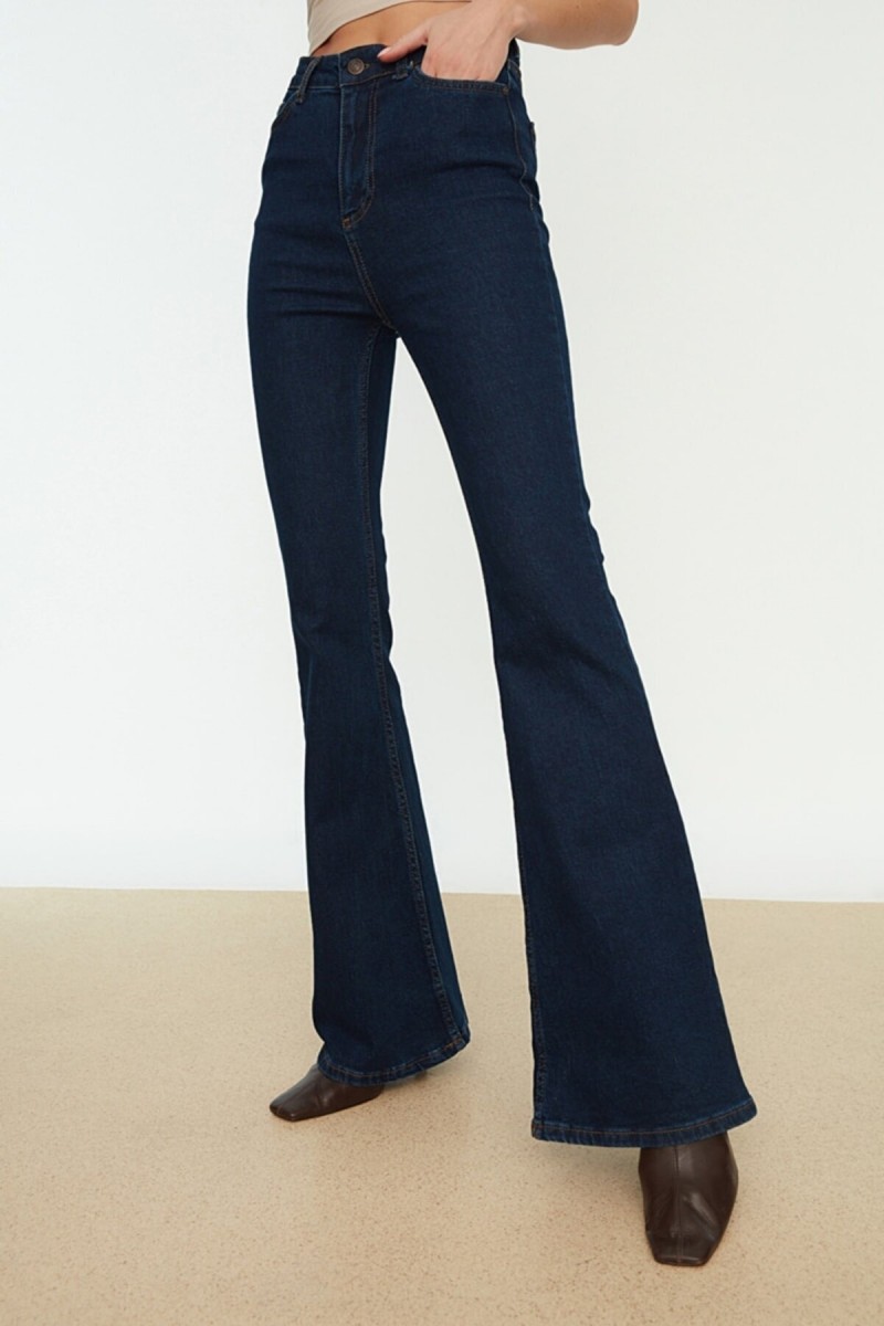 Ikon Flare Likralı Solmaz Koyu Mavi Ispanyol Ispanyol Paça Jean Yüksek Bel Kot Pantolon(rahat Kesim)