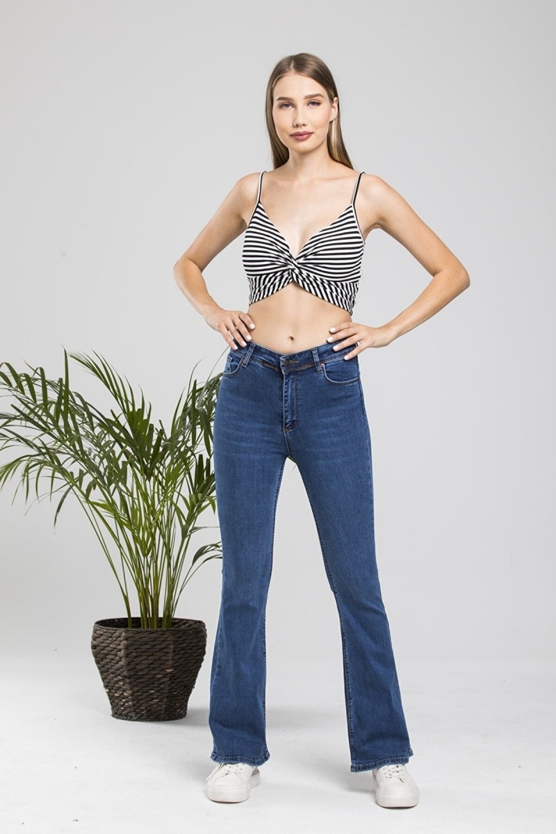 Cazul Ispanyol Likralı Solmaz Koyu Mavi Ispanyol Ispanyol Paça Jean Yüksek Bel Kot Pantolon