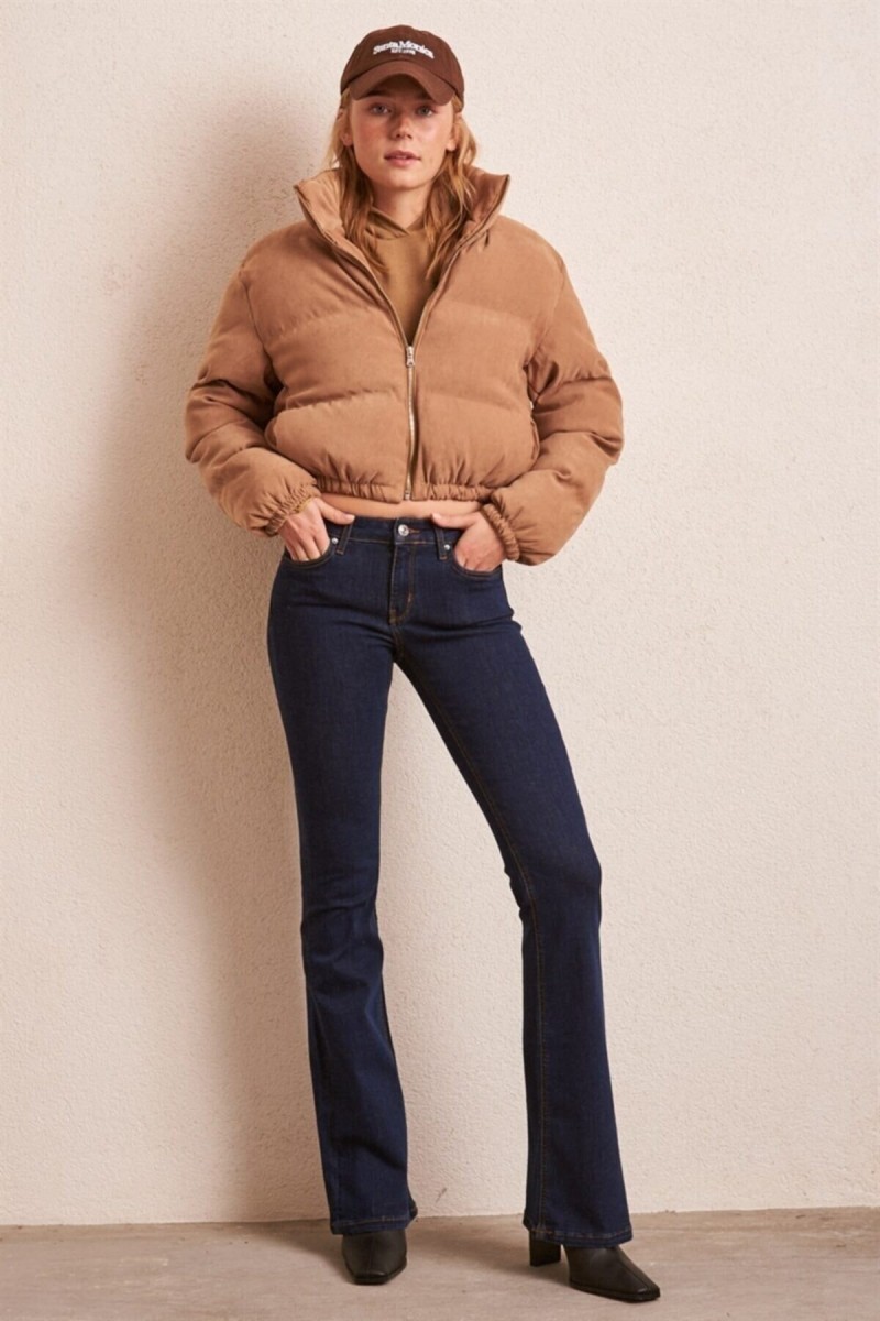 Cazul Ispanyol Likralı Solmaz Koyu Mavi Ispanyol Ispanyol Paça Jean Yüksek Bel Kot Pantolon