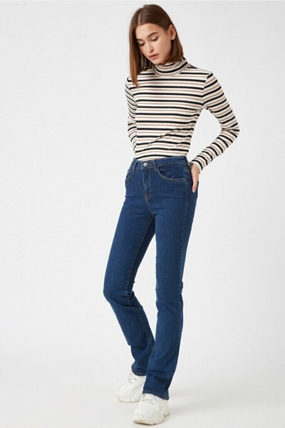 Cazul Ispanyol Likralı Solmaz Koyu Mavi Ispanyol Ispanyol Paça Jean Yüksek Bel Kot Pantolon