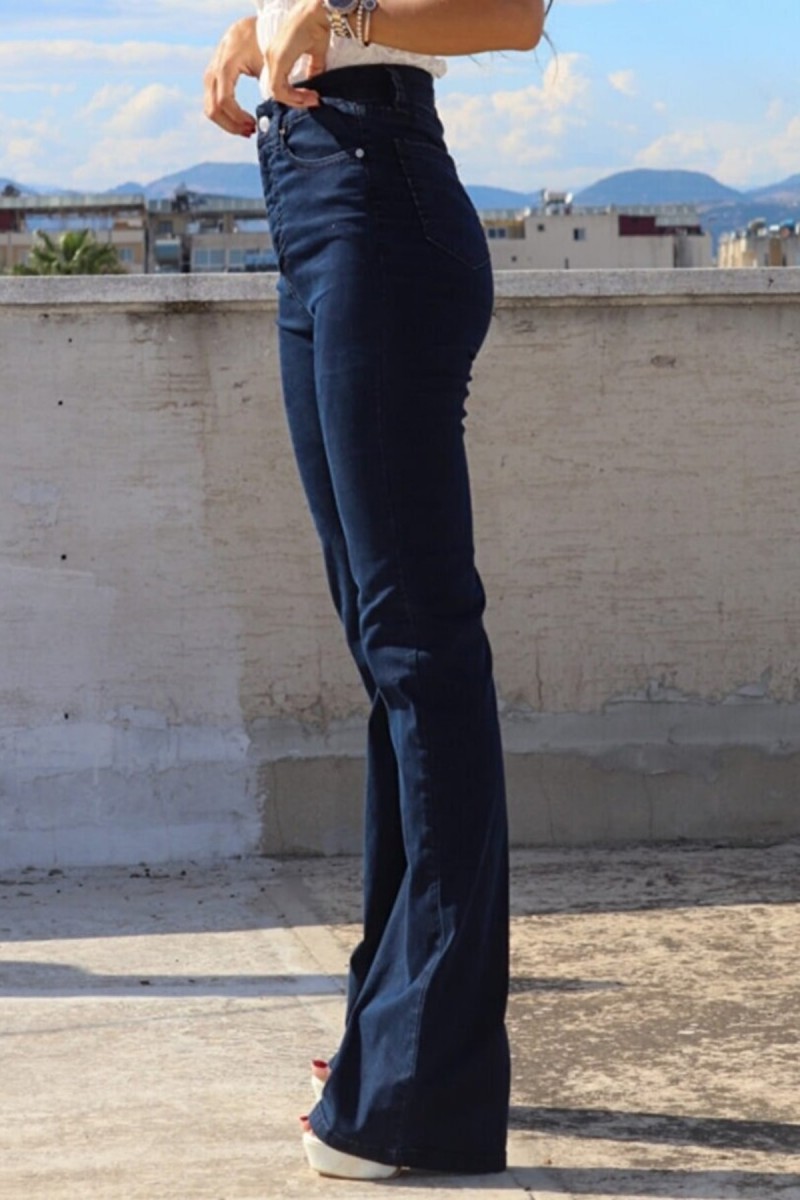 Cazul Ispanyol Likralı Solmaz Koyu Mavi Ispanyol Ispanyol Paça Jean Yüksek Bel Kot Pantolon