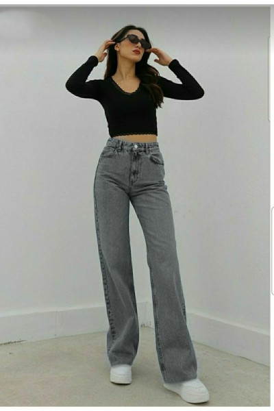 Luiss 90 s Füme Power Likralı Kadın Süper Yüksek Bel Salaş Paça Salaş Jans Kot Pantolon