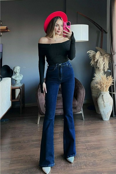 Amy Koyu Ispanyol Paça Yüksek Bel Kot Pantolon Likralı Ispanyol Jeans