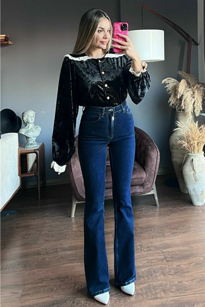 Amy Koyu Ispanyol Paça Yüksek Bel Kot Pantolon Likralı Ispanyol Jeans