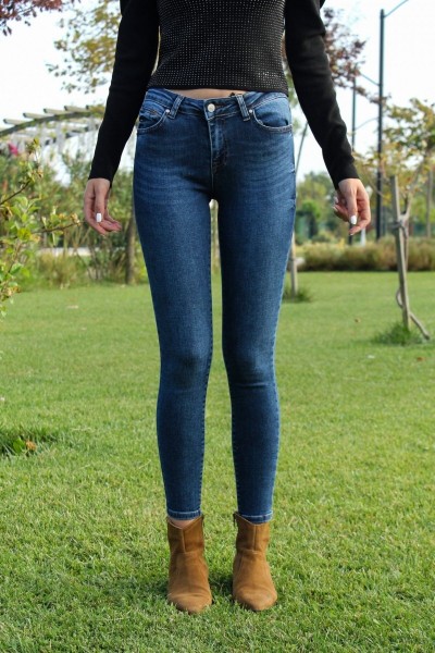 Kadın Mavi Bıyıklı Yüksel Bel Dar Paça Skinny Likralı Kot Pantalon