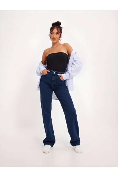 Dark Blue 90 s Orta Koyu Mavi Likralı Süper Extra Yüksek Bel Palazzo Salaş Jean Pantolon