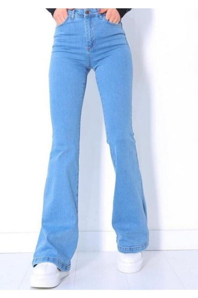 Tall Ispanyol Açık Mavi Ispanyol Paça Jeans Yüksek Bel Kot Pantolon