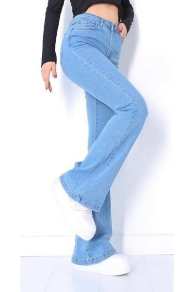 Tall Ispanyol Açık Mavi Ispanyol Paça Jeans Yüksek Bel Kot Pantolon