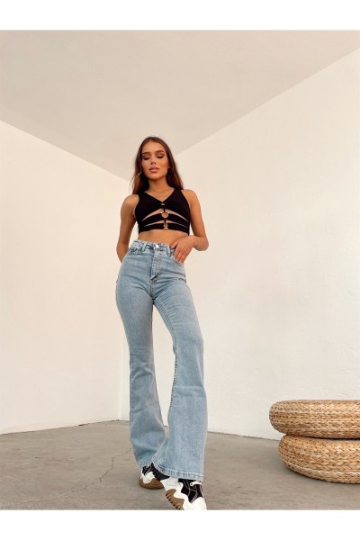 Miya Mavi Kar Yıkama Gold Ispanyol Ispanyol Jean Yüksek Bel Kot Pantolon