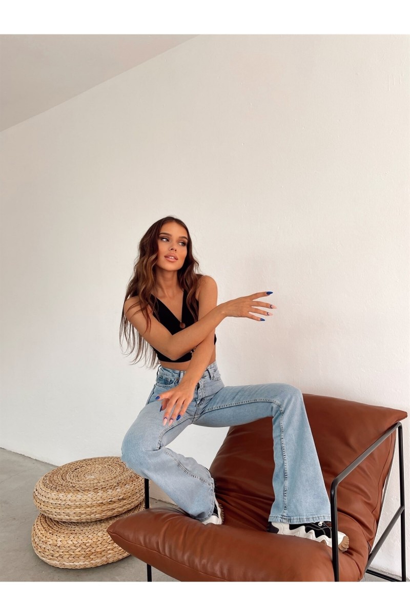 Miya Mavi Kar Yıkama Gold Ispanyol Ispanyol Jean Yüksek Bel Kot Pantolon