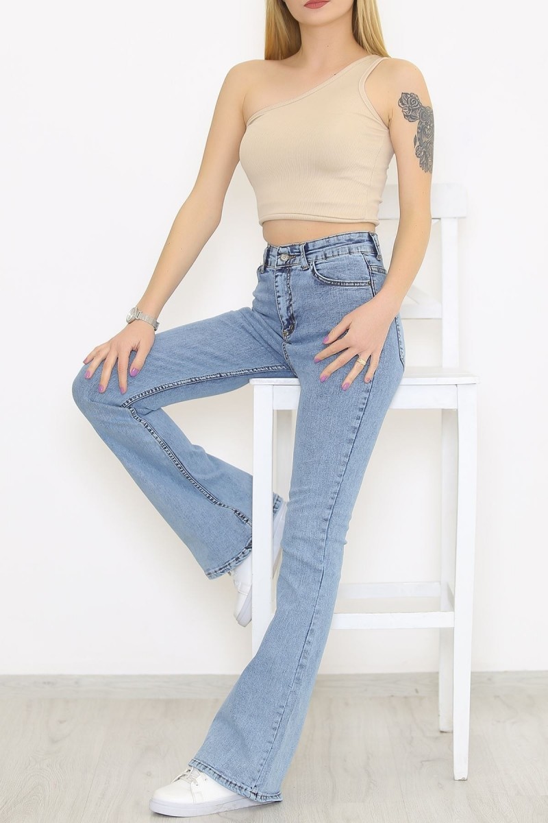 Miya Mavi Kar Yıkama Gold Ispanyol Ispanyol Jean Yüksek Bel Kot Pantolon