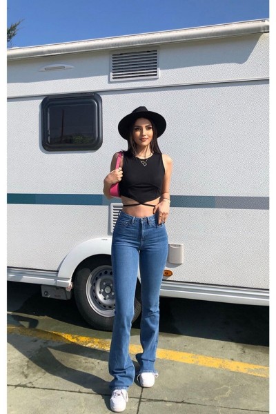All Star Flare Jeans Ispanyol Kot Yüksek Bel Solmaz Orta Mavi Ispanyol Kot Pantolon
