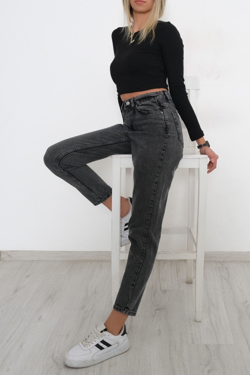 Maria Yüksek Bel Füme Kar Mom Kot Pantolon Likralı Solmaz Füme Ekstra Rahat Mom Jeans