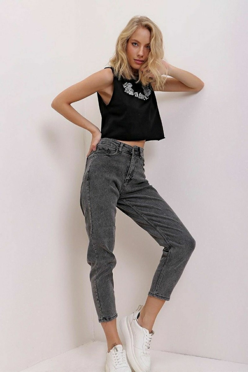 Maria Yüksek Bel Füme Kar Mom Kot Pantolon Likralı Solmaz Füme Ekstra Rahat Mom Jeans