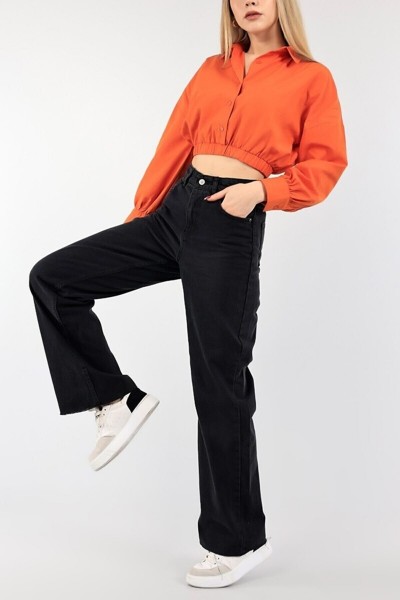 Edna Likralı Siyah Salaş Süper Yüksek Bel Salaş Paça Denim Kot Pantolon