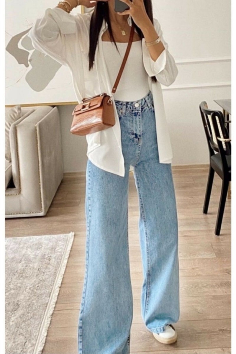 Mavi Likralı Süper Yüksek Bel Kot Salaş Paça Jeans Palazzo Pantolon