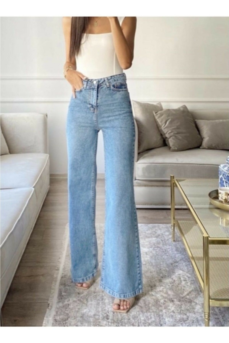 Mavi Likralı Süper Yüksek Bel Kot Salaş Paça Jeans Palazzo Pantolon