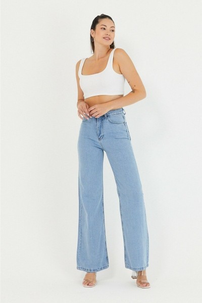 Sour Buz Mavisi Power Likralı Süper Yüksek Bel Salaş Jeans Palazzo Pantolon