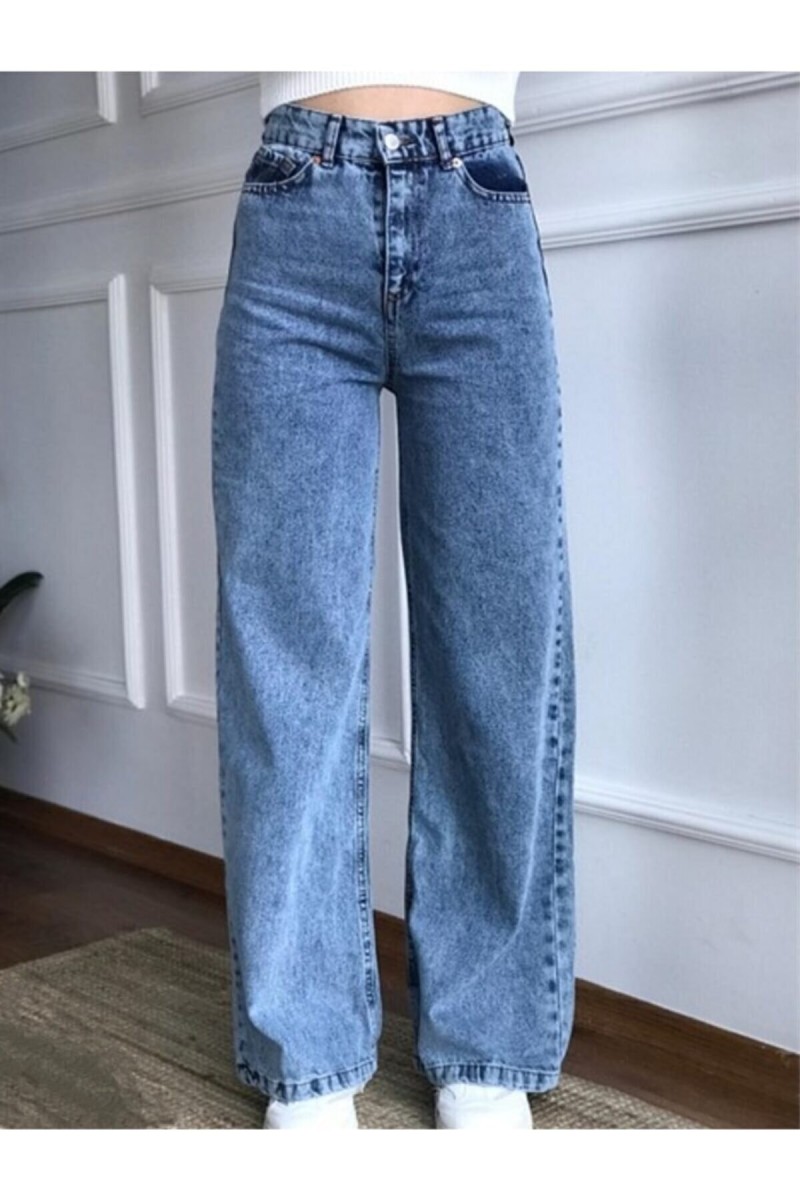 Cerny 90's Kar Yıkama Mavi Likralı Süper Yüksek Bel Salaş Jeans Palazzo Pantolon