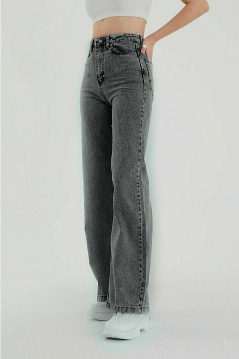 Kül Gri Füme Power Likralı Süper Yüksek Bel Salaş Jeans Palazzo Pantolon