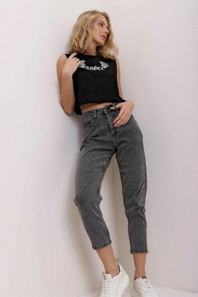 Maria Yüksek Bel Füme Kar Mom Kot Pantolon Likralı Solmaz Füme Ekstra Rahat Mom Jeans