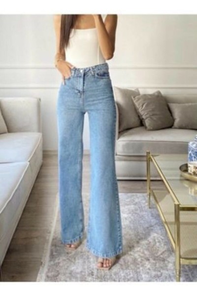 X Mavi Orta Kar 90's Likralı Süper Yüksek Bel Salaş Jeans Palazzo Pantolon. (süper Yüksek)