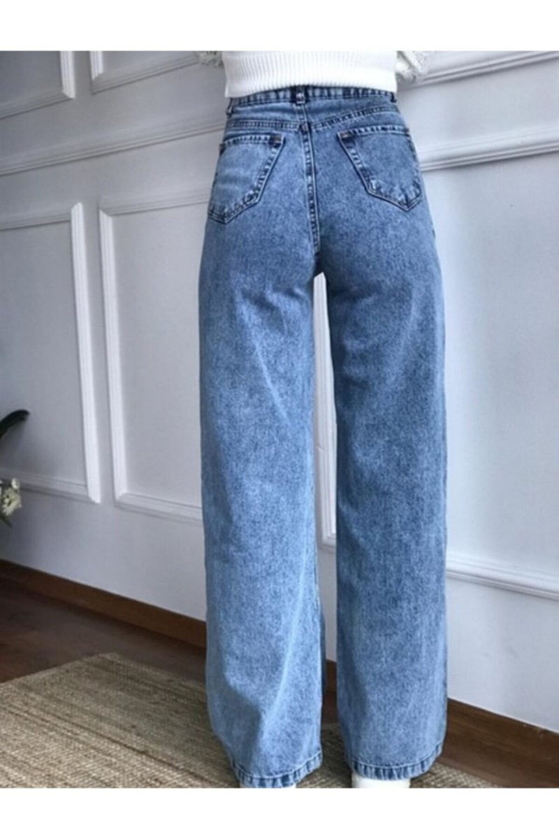 Cerny 90's Kar Yıkama Mavi Likralı Süper Yüksek Bel Salaş Jeans Palazzo Pantolon