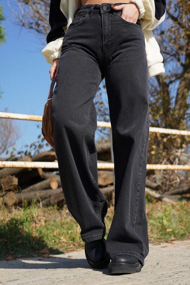 Holly Siyah Wide Leg Etkili Fermuarlı Süper Yüksek Bel Jeans Salaş Kot Pantolon ( Solmaz Kumaş)