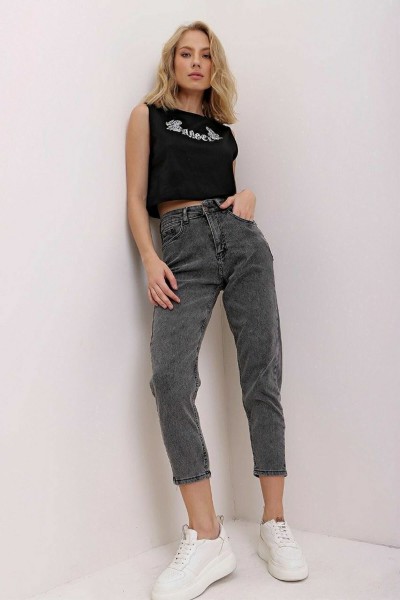 Maria Yüksek Bel Füme Kar Mom Kot Pantolon Likralı Solmaz Füme Ekstra Rahat Mom Jeans