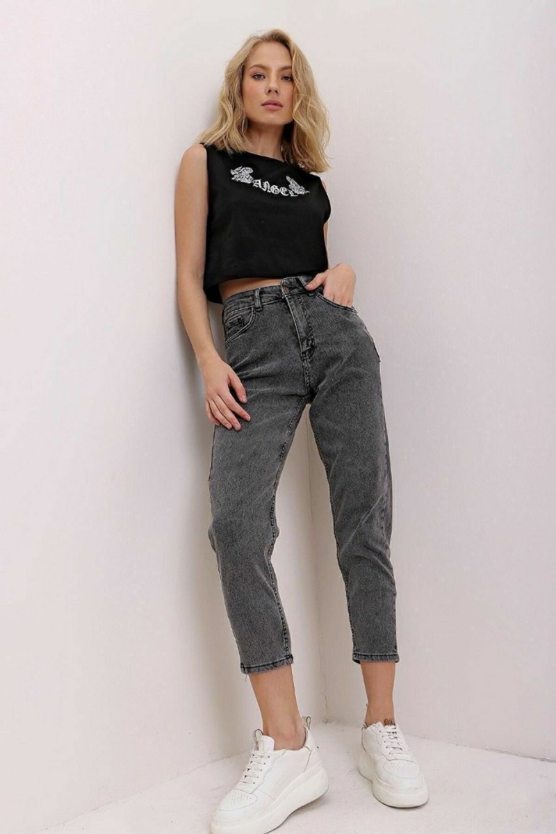 Maria Yüksek Bel Füme Kar Mom Kot Pantolon Likralı Solmaz Füme Ekstra Rahat Mom Jeans