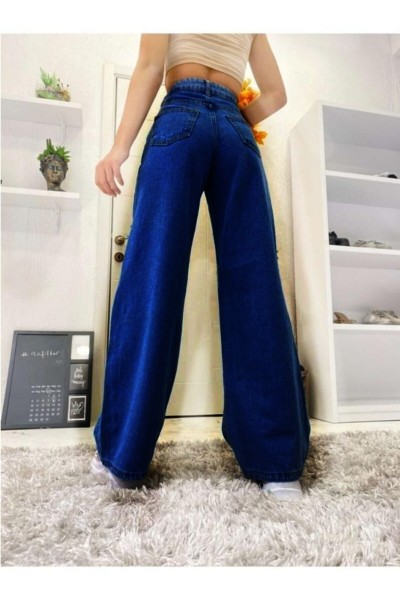 Koyu Mavi S.o.l.m.a.z Düz Salaş Jeans Palazzo Pantolon ( Yüksek Bel)