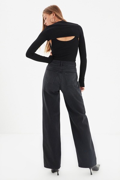 Lotus Siyah Wide Leg Etkili Fermuarlı Süper Yüksek Bel Jeans Salaş Kot Pantolon ( Solmaz Kumaş)