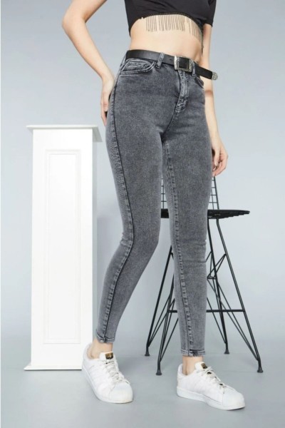 Füme Kar Yıkama Kadın Solmayan Skinny Yüksek Bel Jeans Pantolon