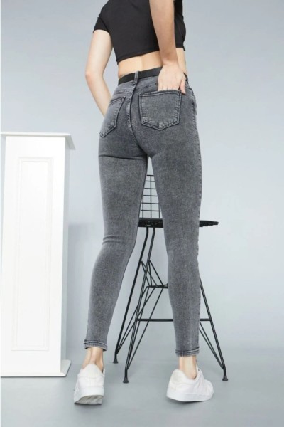 Füme Kar Yıkama Kadın Solmayan Skinny Yüksek Bel Jeans Pantolon