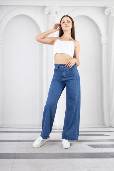 Lina Power Likralı Kadın Orta Mavi Yüksek Bel Salaş Paça Salaş Jeans Kot Pantolon