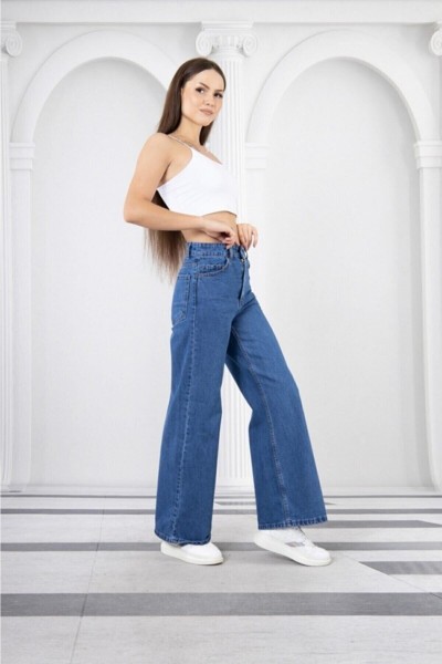 Lina Power Likralı Kadın Orta Mavi Yüksek Bel Salaş Paça Salaş Jeans Kot Pantolon
