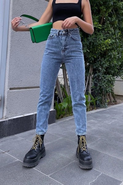 Kadın Kar Yıkama Mavi Yüksek Bel Yumuşak Dokunuşlu Rahat Kesim Mom Jean Kot Pantolon