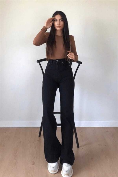 Arina 90 s Kadın Siyah Salaş Likralı Süper Yüksek Bel 90 s Denim Kot Pantolon Jeans