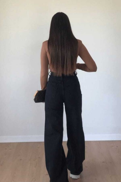 Arina 90 s Kadın Siyah Salaş Likralı Süper Yüksek Bel 90 s Denim Kot Pantolon Jeans