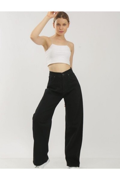 Patya 90 s Kadın Siyah Salaş Likralı Süper Yüksek Bel 90 s Denim Kot Pantolon Jeans