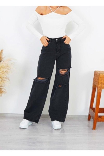 Sahura 90 s Kadın Siyah Salaş Likralı Süper Yüksek Bel 90 s Denim Kot Pantolon Jeans