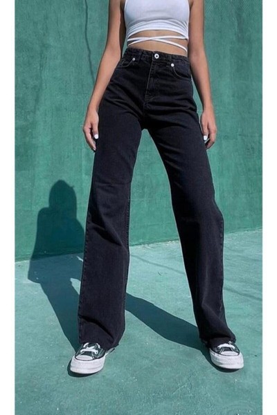 Manya 90 s Kadın Siyah Salaş Likralı Süper Yüksek Bel 90 s Denim Kot Pantolon Jeans