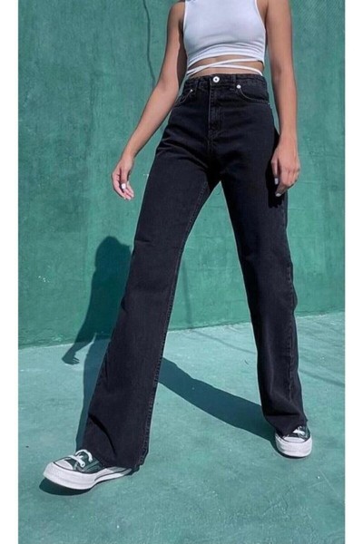 Manya 90 s Kadın Siyah Salaş Likralı Süper Yüksek Bel 90 s Denim Kot Pantolon Jeans
