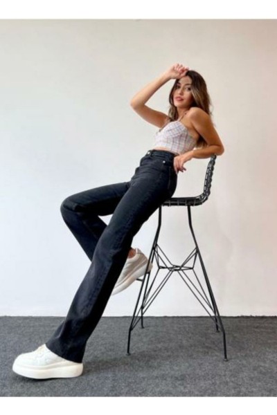 Miesha 90 s Kadın Siyah Salaş Likralı Süper Yüksek Bel 90 s Denim Kot Pantolon Jeans