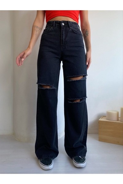 Sacha 90 s Kadın Yırtık Siyah Salaş Likralı Süper Yüksek Bel 90 s Denim Kot Pantolon Jeans