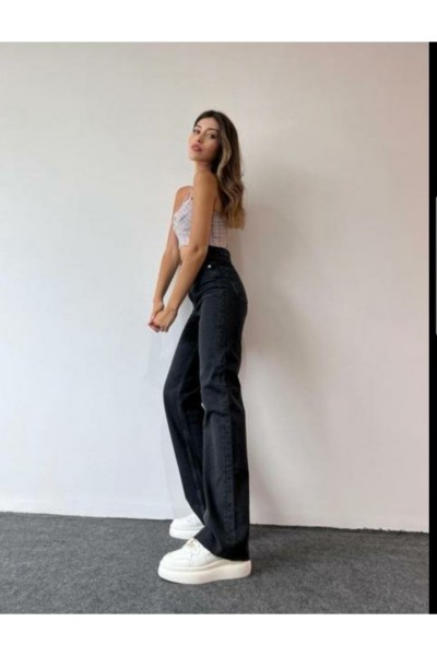 Miesha 90 s Kadın Siyah Salaş Likralı Süper Yüksek Bel 90 s Denim Kot Pantolon Jeans
