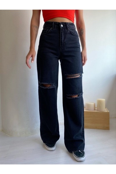 Sacha 90 s Kadın Yırtık Siyah Salaş Likralı Süper Yüksek Bel 90 s Denim Kot Pantolon Jeans