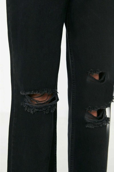 Rimma 90 s Kadın Yırtık Siyah Salaş Likralı Süper Yüksek Bel 90 s Denim Kot Pantolon Jeans