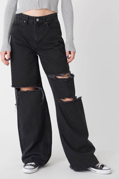 Serafima 90 s Kadın Siyah Salaş Likralı Süper Yüksek Bel 90 s Denim Kot Pantolon Jeans