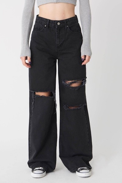 Serafima 90 s Kadın Siyah Salaş Likralı Süper Yüksek Bel 90 s Denim Kot Pantolon Jeans